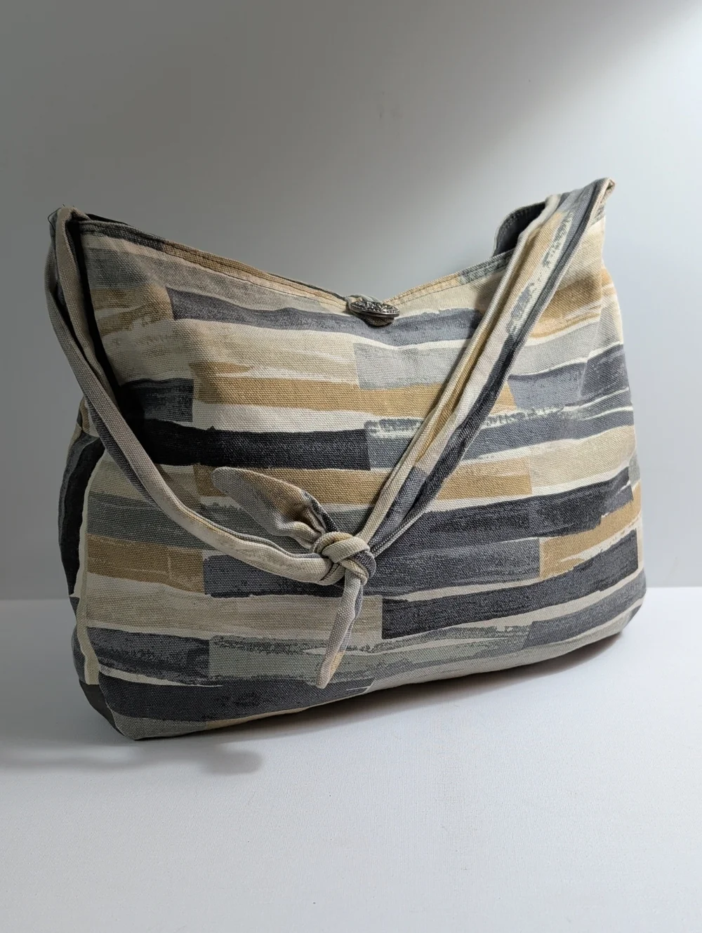 Neutral Block-Stripe Knotted Shoulder Bag